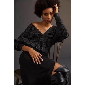 Anthropologie COO China Black Glitter Wrap Sweater Large‎